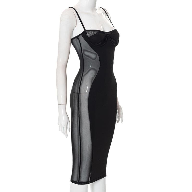 Spaghetti Strap Bustier Mesh Panel Side Insert Bodycon Midi Dress