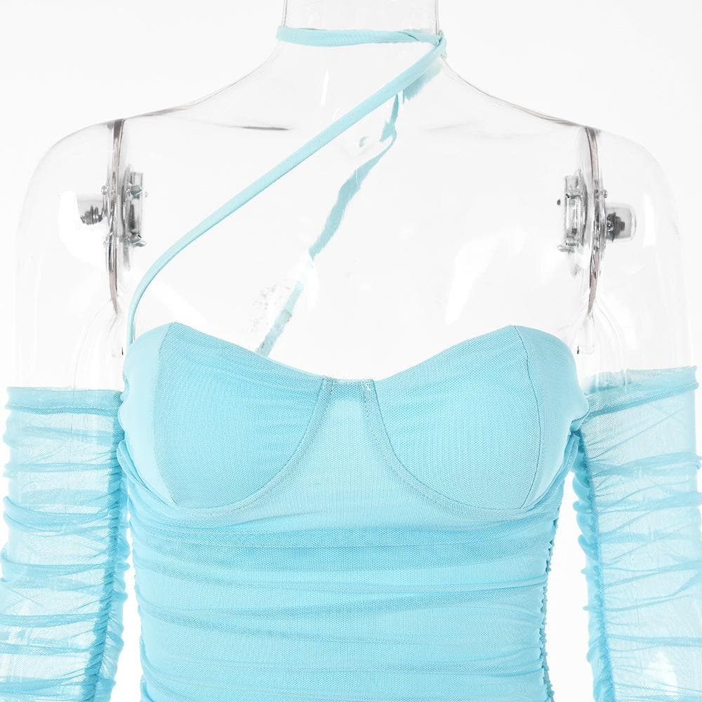 Sweetheart Neck Choker Strap Ruched Mesh Bodycon Mini Dress with Glove Sleeves