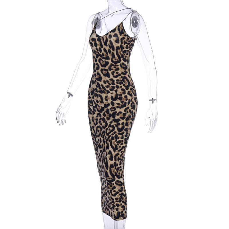 Print Contrast Spaghetti Strap U Neck Backless Midi Dress
