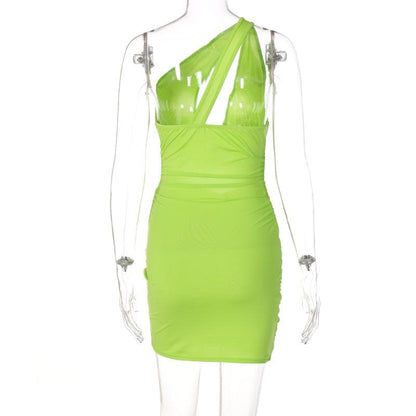 One Shoulder Asymmetric Neckline Chest Cutout Twist Ruched Mini Dress