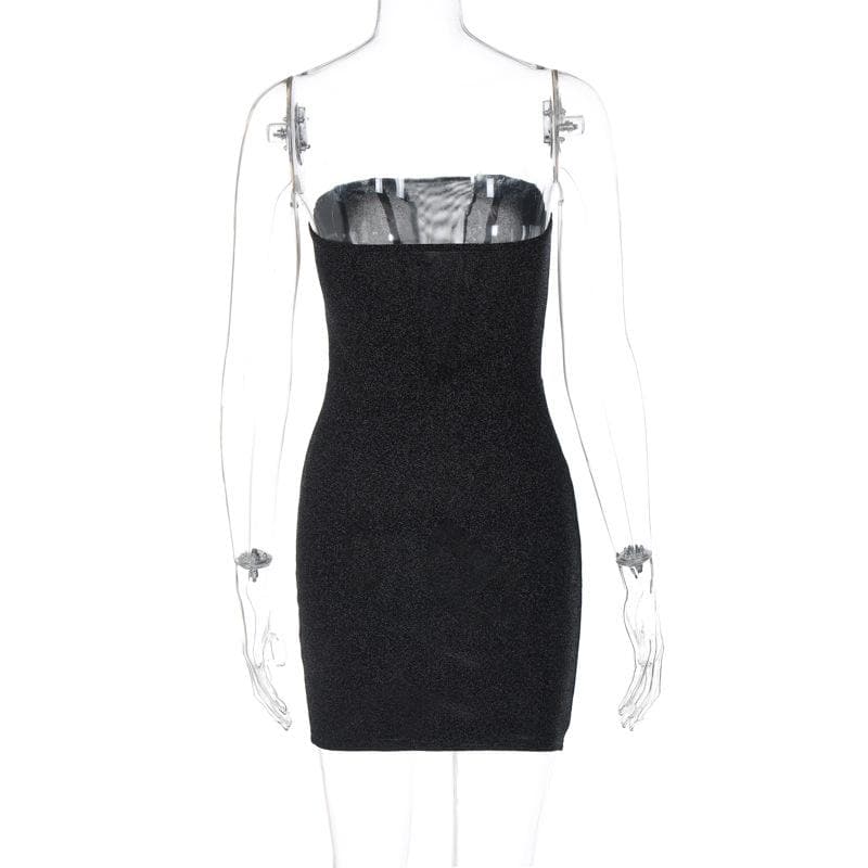 Strapless Deep V Mesh Insert Glitter Bodycon Mini Dress
