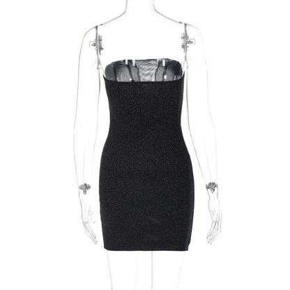 Strapless Deep V Mesh Insert Glitter Bodycon Mini Dress