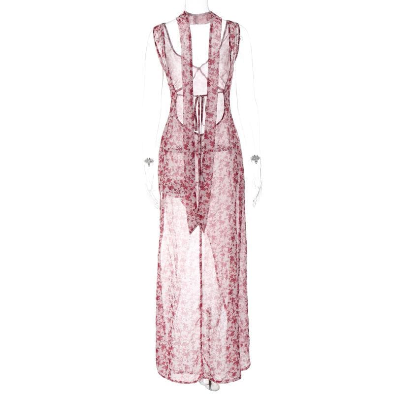 V Neck Ditsy Floral Print Sleeveless Asymmetric Hem Maxi Dress