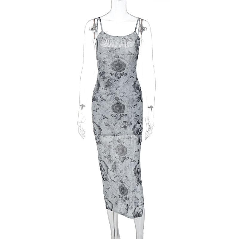 Baroque Heart Cherub Print Square Neck Spaghetti Strap Bodycon Maxi Dress