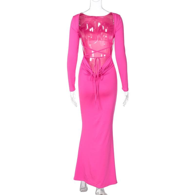 Crew Neck Long Sleeve Lace-Up Back Bodycon Mermaid Hem Maxi Dress