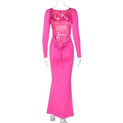 Crew Neck Long Sleeve Lace-Up Back Bodycon Mermaid Hem Maxi Dress