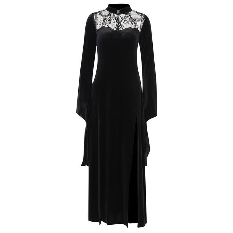 Velvet Mandarin Collar Lace Yoke Bell Sleeve Double Slit Maxi Dress