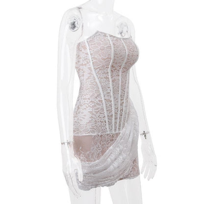 Floral Lace Strapless Corset Boning Draped Wrap Mini Dress