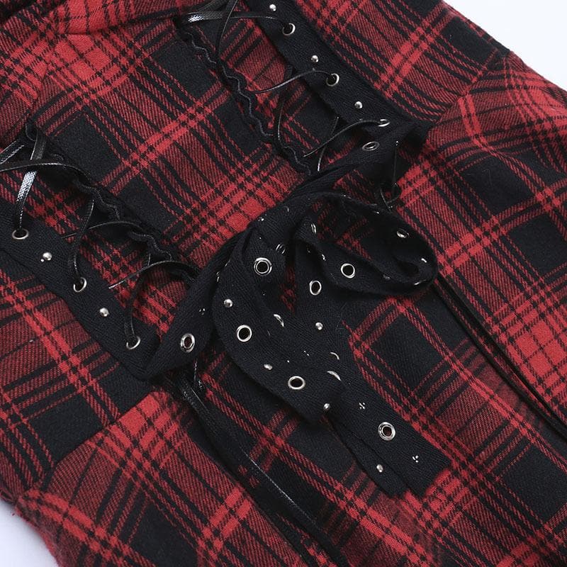 Plaid Corset Lace Up Grommet Tiered Lace Hem Mini Dress