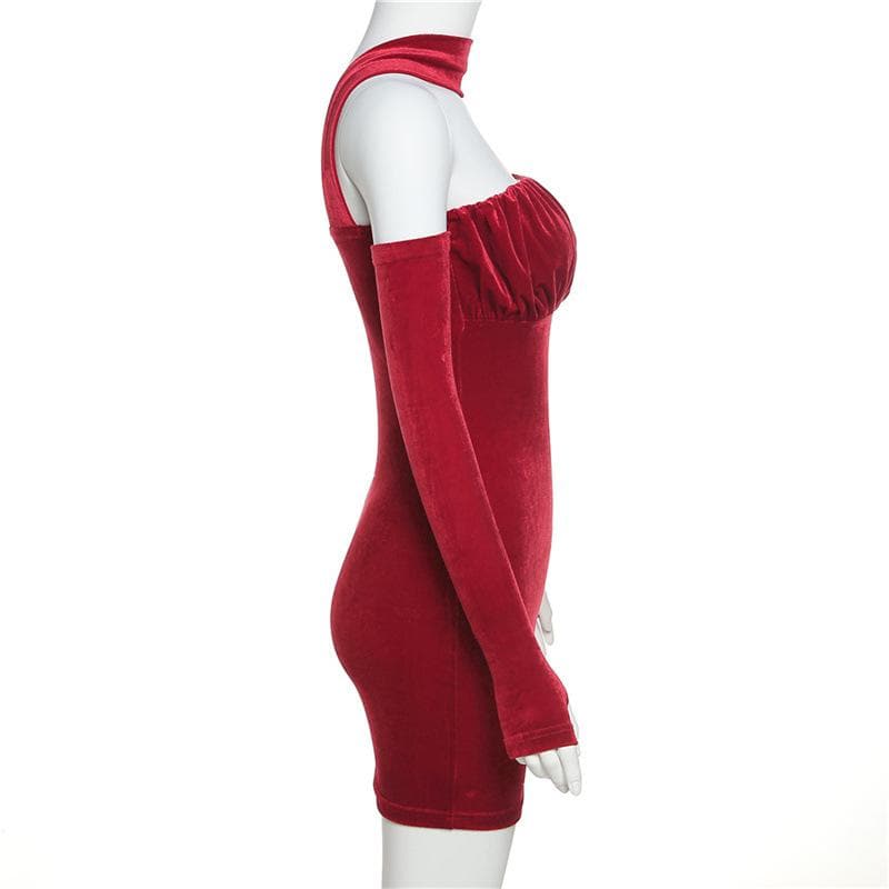 Strapless Ruched Choker Gloves Sleeve Bodycon Mini Dress