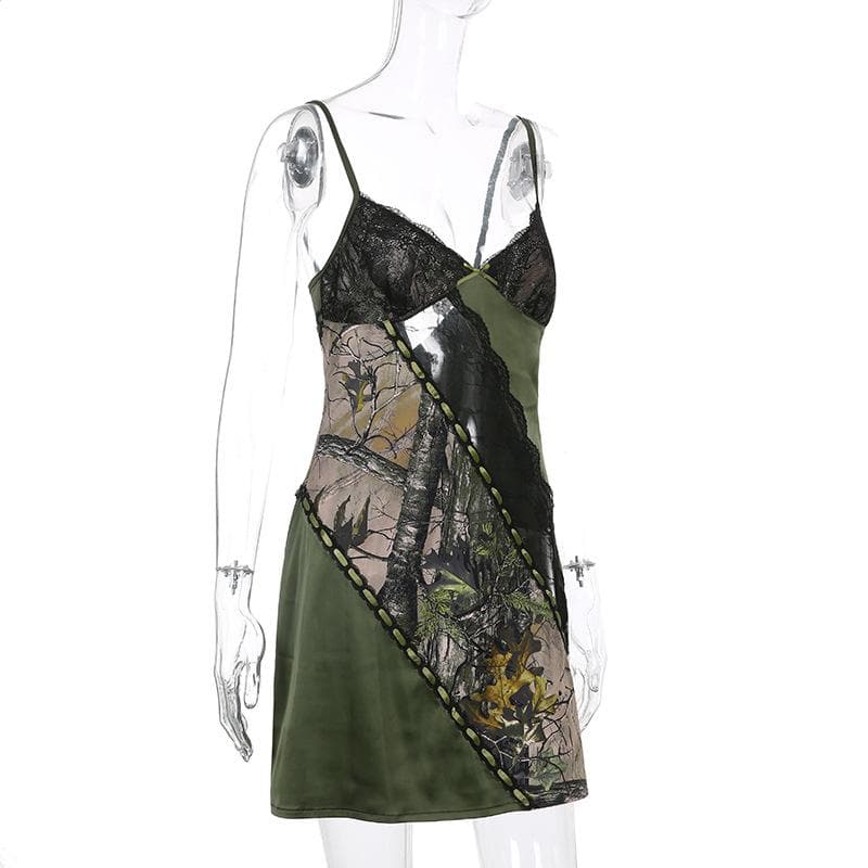 Lace Panel Ribbon Lace-Up Woodland Print Spaghetti Strap Cami Mini Dress