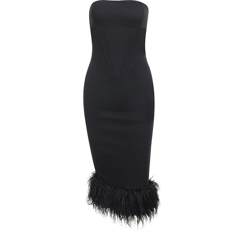 Strapless Glitter Knit Feather Trim Tube Midi Dress