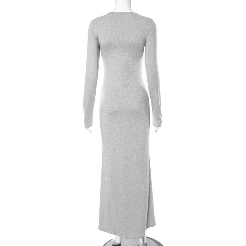 Crew Neck Long Sleeve Heather Knit Bodycon Maxi Dress