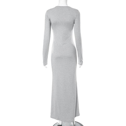 Crew Neck Long Sleeve Heather Knit Bodycon Maxi Dress