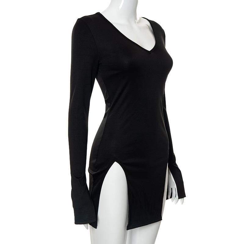 Deep V Neck Long Sleeve Dual Front Slit Bodycon Mini Dress