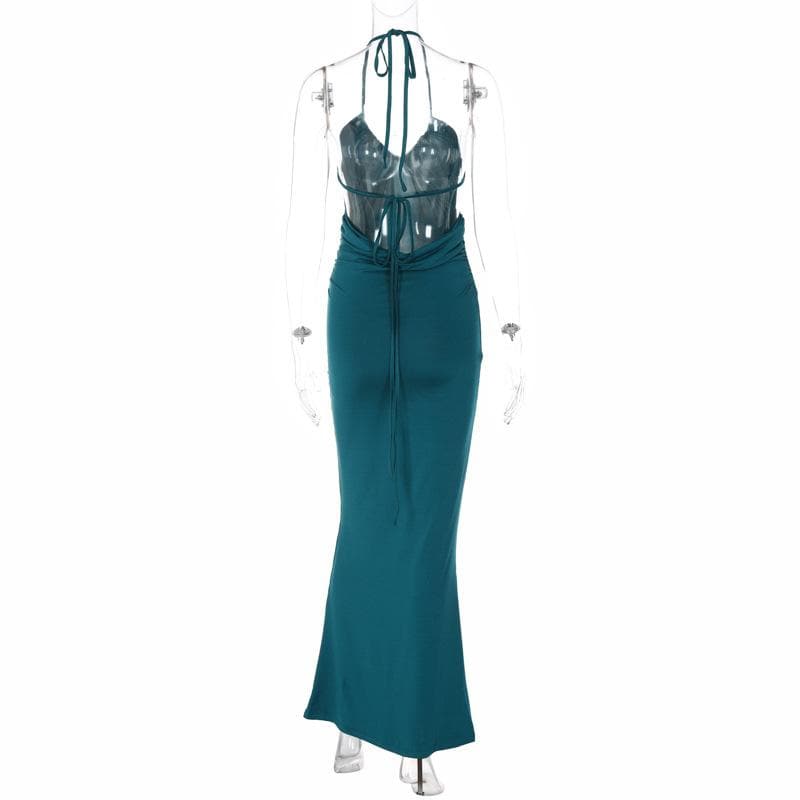 Halter Tie Back Ruched Bust V-Neck Mermaid Maxi Dress