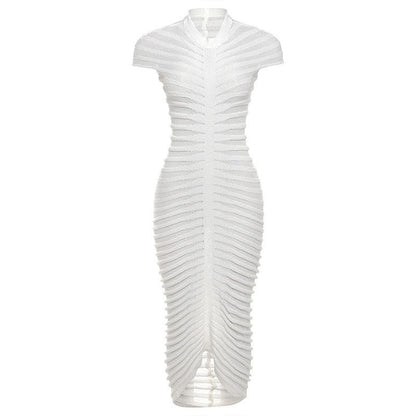 Horizontal Rib Tiered Bandage Mock Neck Cap Sleeve Midi Dress