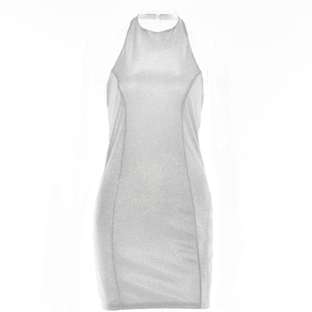 Shimmer Halter Neck Paneled Bodycon Mini Dress