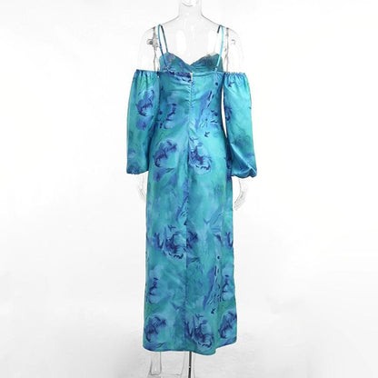 Spaghetti Strap Twist Knot Midriff Cutout Floral Print Puff Sleeve Maxi Dress