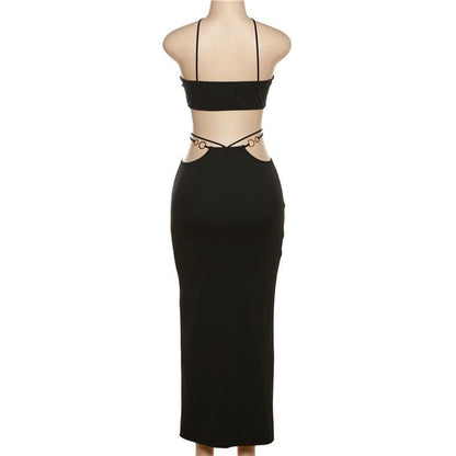 Plunging V-Neck Spaghetti Strap Midriff Ring Cutout Ribbed Maxi Dress
