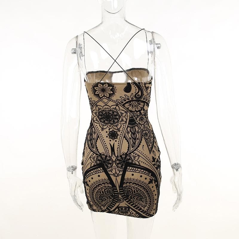 Paisley Print Crisscross Strap Cut Out Cami Bodycon Mini Dress