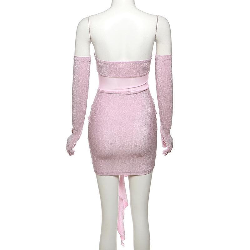 Strapless Glitter Mesh Flower Applique Ruched Ruffle Hem Tube Mini Dress with Opera Gloves