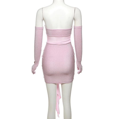 Strapless Glitter Mesh Flower Applique Ruched Ruffle Hem Tube Mini Dress with Opera Gloves