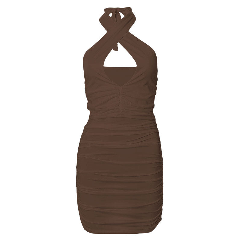 Crisscross Halter V-Neck Keyhole Chest Cutout Ruched Bodycon Mini Dress