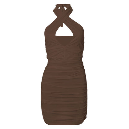 Crisscross Halter V-Neck Keyhole Chest Cutout Ruched Bodycon Mini Dress