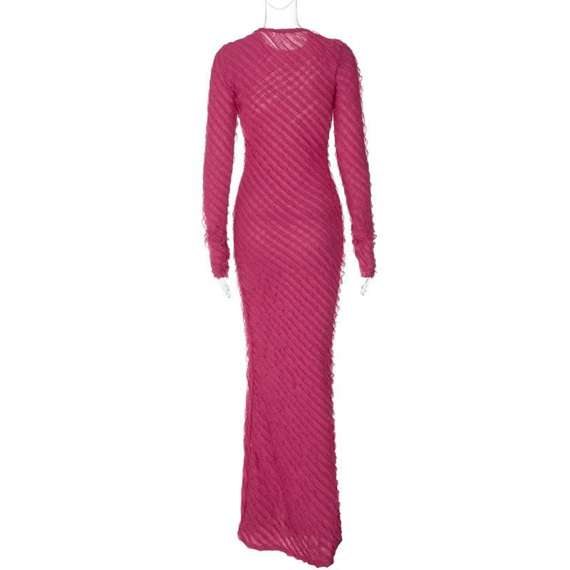 Crew Neck Long Sleeve Diagonal Ruffle Trim Bodycon Maxi Dress