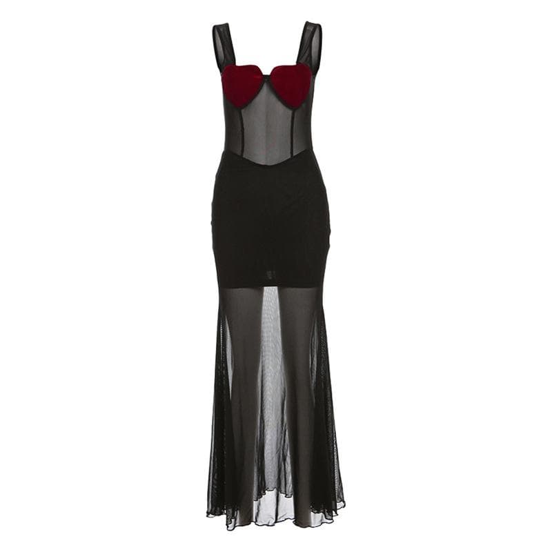 Thick Strap Heart Cup Mesh Panel Sleeveless Column Maxi Dress
