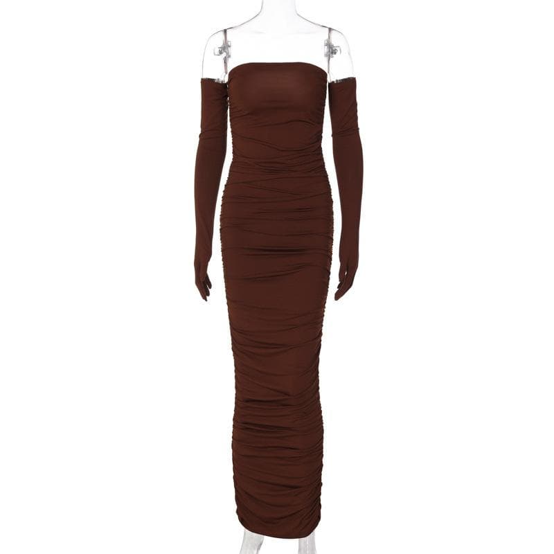 Strapless Ruched Bodycon Midi Dress with Matching Opera Gloves