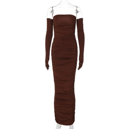 Strapless Ruched Bodycon Midi Dress with Matching Opera Gloves