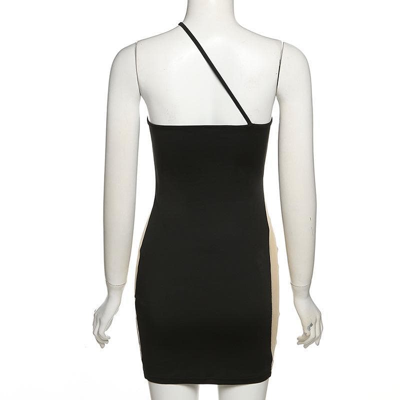 One Shoulder Mesh Panel Cutout Asymmetric Hem Bodycon Mini Dress