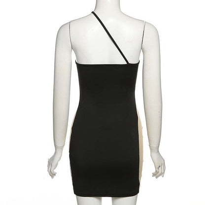 One Shoulder Mesh Panel Cutout Asymmetric Hem Bodycon Mini Dress