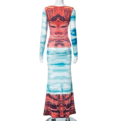 Boat Neck Canyon Landscape Graphic Long Sleeve Bodycon Maxi Dress