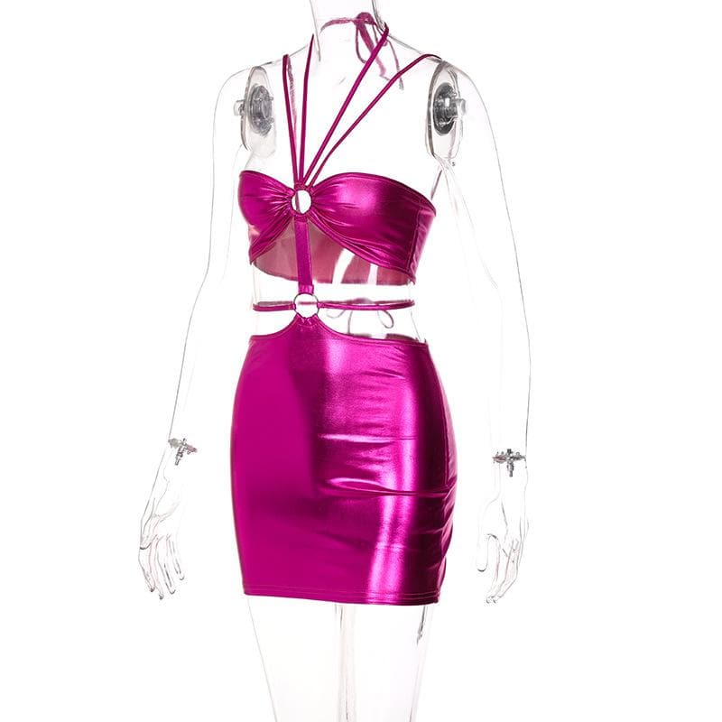 Halter O-Ring Strappy Midriff Cutout Open Front Bodycon Mini Dress