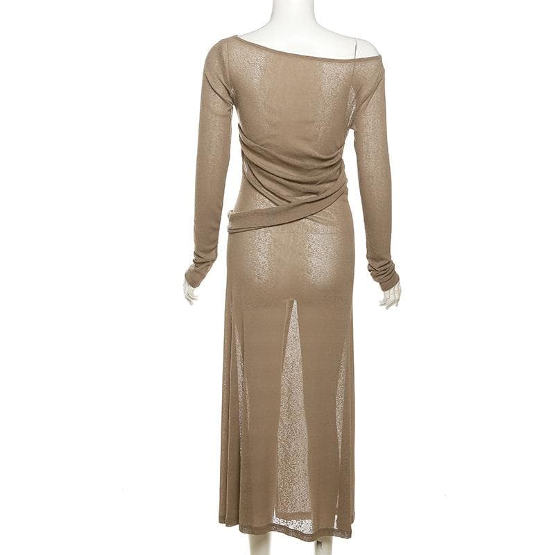 Boat Neck Ruched Waist Wrap High Slit Long Sleeve Bodycon Maxi Dress