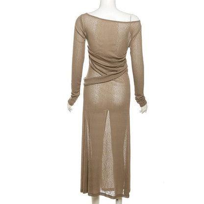 Boat Neck Ruched Waist Wrap High Slit Long Sleeve Bodycon Maxi Dress