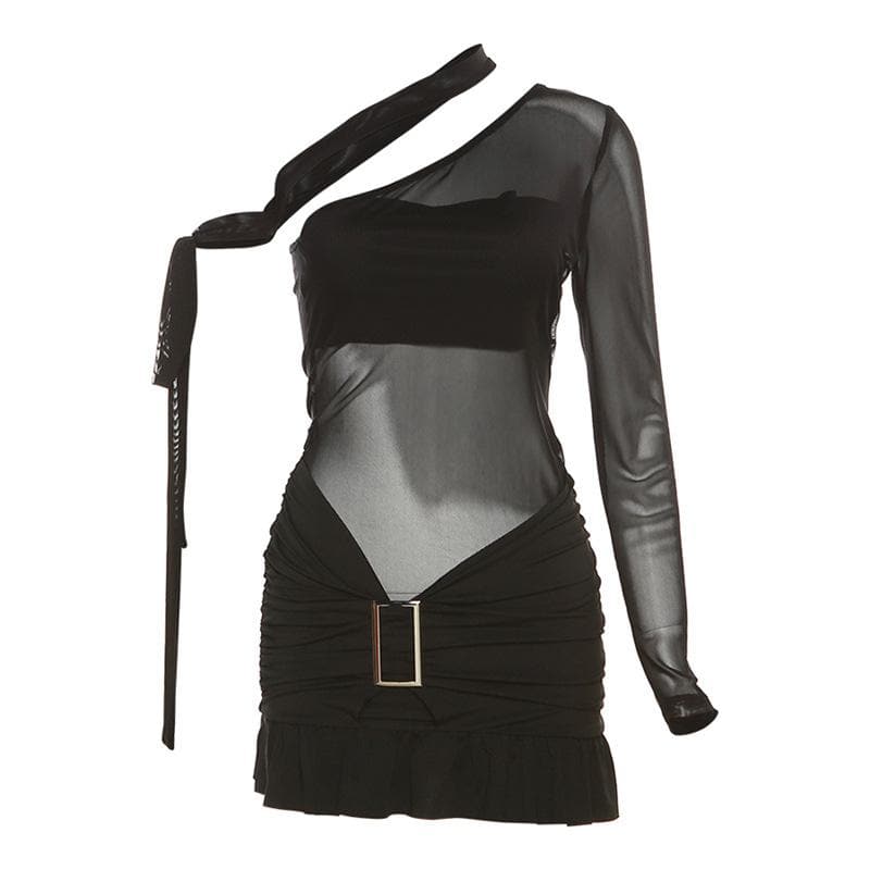 One Shoulder Mesh Bodice Metal Buckle Ruched Low Rise Ruffle Hem Mini Dress