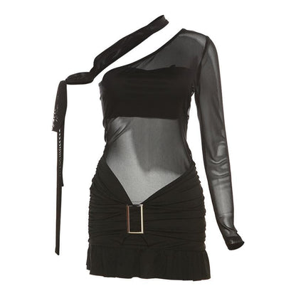 One Shoulder Mesh Bodice Metal Buckle Ruched Low Rise Ruffle Hem Mini Dress