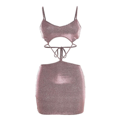 Glitter Criss Cross Strap Waist Cutout Bodycon Mini Dress