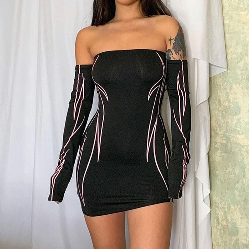 Strapless Drip Print Detached Sleeve Bodycon Mini Dress Set