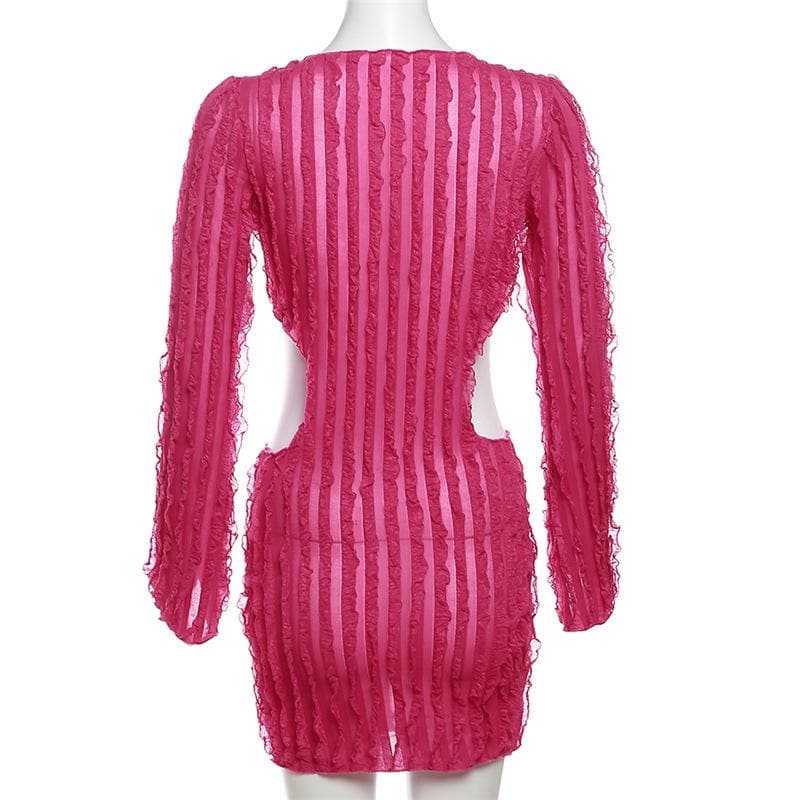 V Neck Ruffle Bell Sleeve Waist Cutout Mini Dress