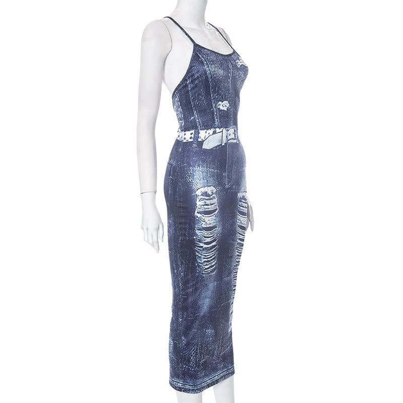 Distressed Denim Print Spaghetti Strap Bodycon Maxi Dress