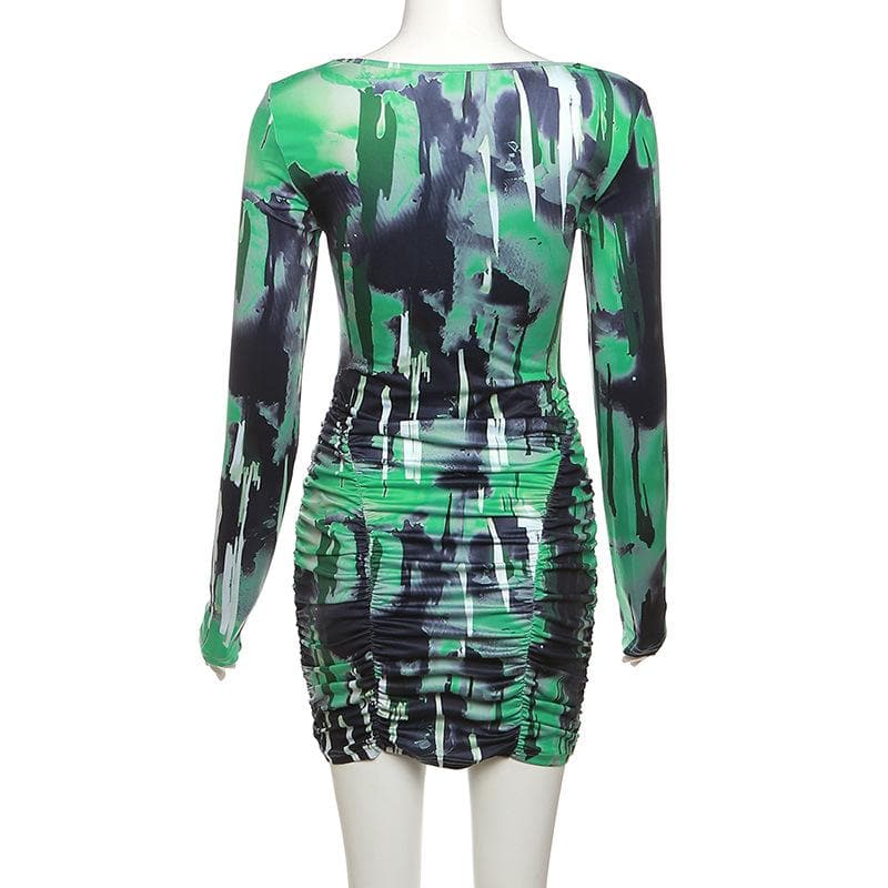 Abstract Print Long Sleeve Square Neck Sweetheart Ruched Bodycon Mini Dress