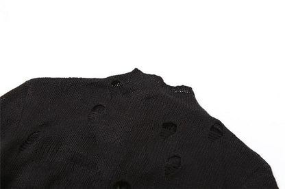 Mock Neck Distressed Hole Knit Long Sleeve Bodycon Maxi Dress