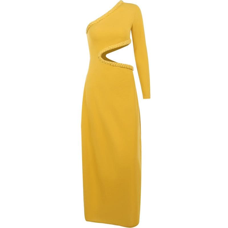One Shoulder Long Sleeve Braided Trim Waist Cutout Midi Dress
