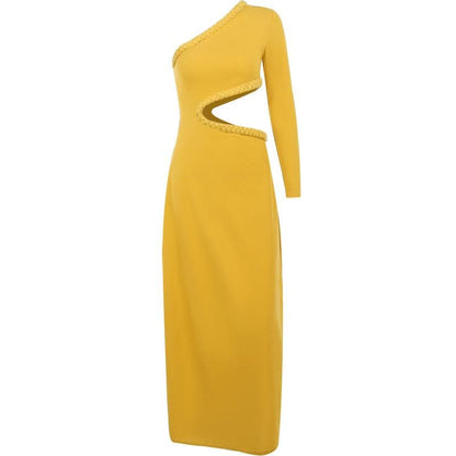 One Shoulder Long Sleeve Braided Trim Waist Cutout Midi Dress