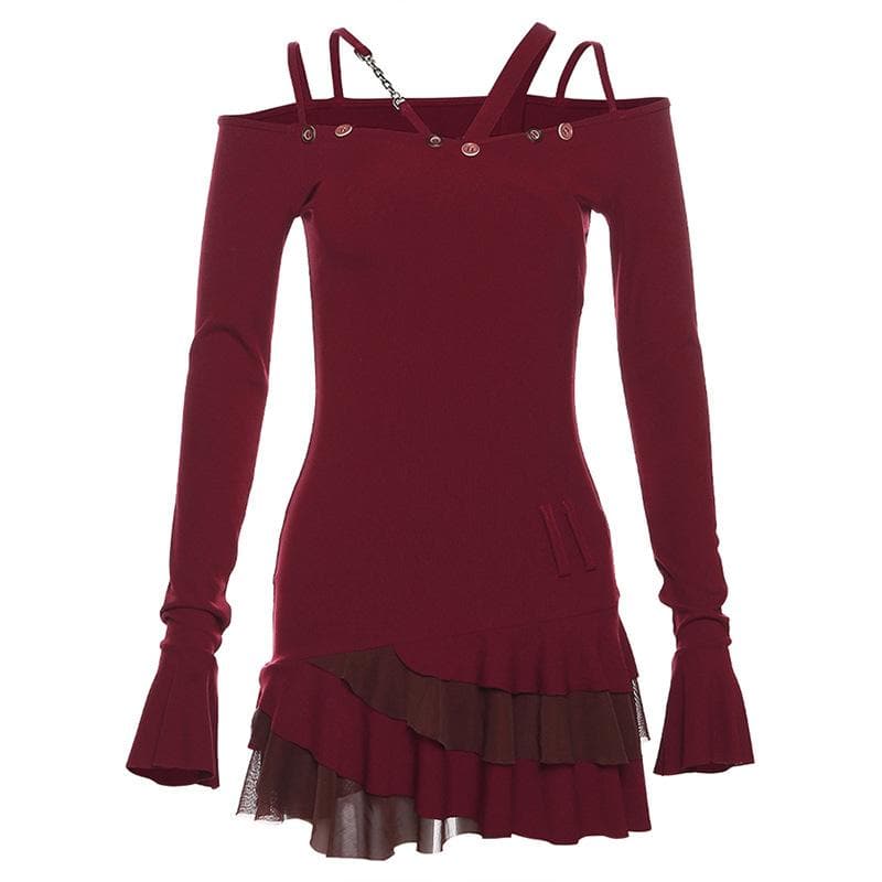Chain Button Off-Shoulder Mesh Ruffle Tiered Mini Dress